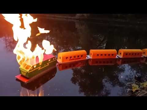 How the burning cardboard train sank. No slow motion