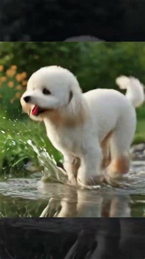 So Scared?! 🌊 Puppy Poke's First Time Playing with Water | 怖いの？初めてお水遊びをするプードル赤ちゃんの反応が🐶💦 #satisfying