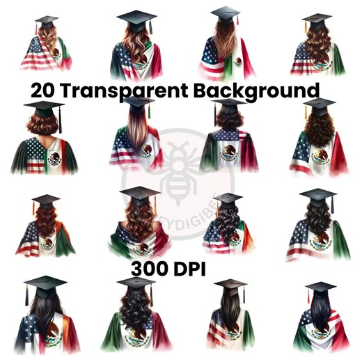 Mexican American Girl Graduation Clipart: Cap Topper PNG Bundle - Etsy