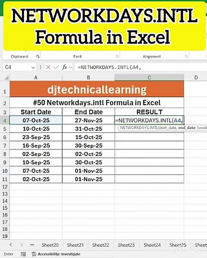 NETWORKDAYS.INTL Formula in Excel | How to Use Networkdays.intl Formula | #excel #exceltips