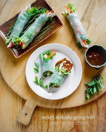 Turkey Spring Rolls Recipe with Peanut Dip | White On Rice Coupl
