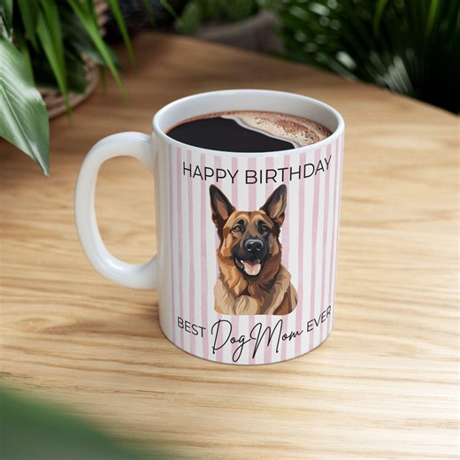 Dog Mom Birthday Mug, Dog Portrait Coffee Cup, Best Dog Mom Ever Gift, German Shepherd Lover Gift for Her, Pink Striped Mug - Etsy