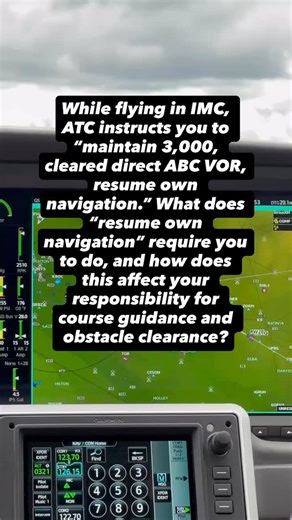 IMC, ATC says: ‘Maintain 3000, direct ABC VOR, resume own navigation.’ What does that actually mean for you as the pilot in command? 🤔 Are you ready to take full responsibility for course guidance and terrain clearance? Drop your answer below! 👇 #IFRTraining #PilotLife #InstrumentRating #Aviators #PilotSkills #FlightTraining #AviationDaily #IMCFlying #IFRQuestions #AviationCommunity | EntireFlight