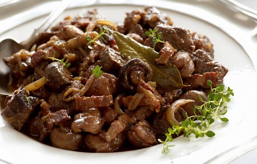 Braised Venison with Bacon, Chestnuts and Wild Mushrooms in a Rich Madeira Sauce