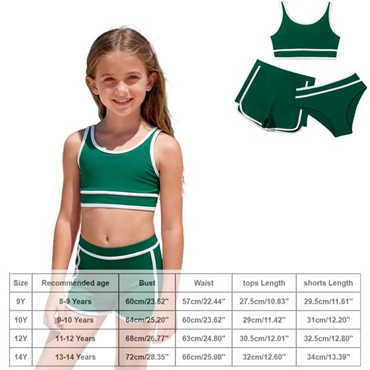 3 Piece Swimsuit with Shorts Sporty Dark Green Teen Bathing Suit 13-14 Years