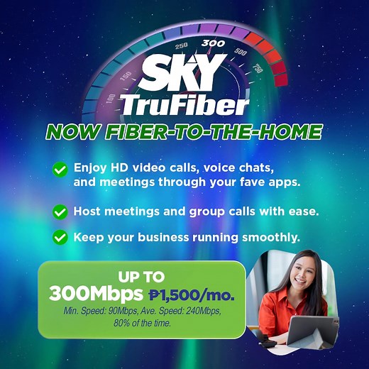 Now, experience next-level connection with speeds of up to 300 Mbps, letting you chat, call, and meet from anywhere. Stay connected, stay close with Plan 1500. Visit mysky.com.ph/skyfiber today to subscribe! | SKY