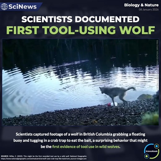 #SciNews 𝗦𝗖𝗜𝗘𝗡𝗧𝗜𝗦𝗧𝗦 𝗗𝗢𝗖𝗨𝗠𝗘𝗡𝗧𝗘𝗗 𝗙𝗜𝗥𝗦𝗧 𝗧𝗢𝗢𝗟-𝗨𝗦𝗜𝗡𝗚 𝗪𝗢𝗟𝗙 Scientists just documented the first-ever wolf using a tool in nature. This clever canine was spotted using an object to help it achieve a goal, shattering our old ideas about predator intelligence. #AnimalIntelligence #WolfDiscovery #ScienceNews | ScienceKonek