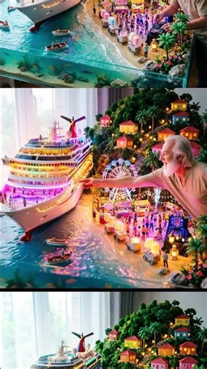 Cruise Ship Carnival Night Bay Miniature | Hyper Realistic Glowing Tiny World on Table Top
