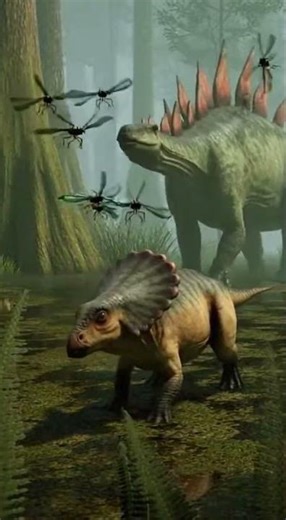 Protoceratops vs a swarm of Meganeura (giant dragonflies) in a Prehistoric World