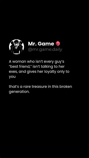 1.2K views · 484 reactions | Loyalty like that is priceless — protect it, appreciate it, and never take it for granted. ‎Follow @mr.game.daily for ‎ ‎• Masculine Mindset ‎• Emotional Discipline & Self-control ‎• Truth About Modern Women ‎• Building Unstoppable Confidence ‎ #reallove #loyalwoman #moderndatingtruths #knowyourworth #relationshipstandards | Mr. Game | Facebook