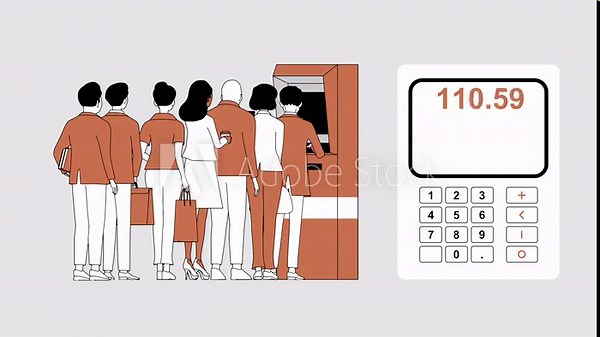 Crowd of Users Waiting to Use ATM Cash Machine — Busy Queue Performing Money Withdrawal, Payment Operations, and Digital Banking Transactions at Automated Teller in Public Urban Environment.