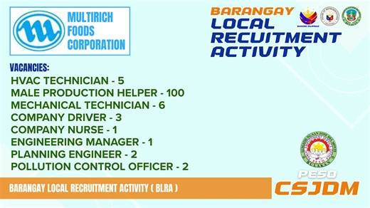 𝑴𝒂𝒔𝒂𝒈𝒂𝒏𝒂𝒏𝒈 𝒂𝒓𝒂𝒘 𝒎𝒈𝒂 𝒌𝒂-𝑷𝑬𝑺𝑶! Ang 𝐏𝐄𝐒𝐎 𝐂𝐒𝐉𝐃𝐌 katuwang ang 𝐌𝐔𝐋𝐓𝐈𝐑𝐈𝐂𝐇 𝐅𝐎𝐎𝐃𝐒 𝐂𝐎𝐑𝐏𝐎𝐑𝐀𝐓𝐈𝐎𝐍 ay magsasagawa ng: 𝐁𝐀𝐑𝐀𝐍𝐆𝐀𝐘 𝐋𝐎𝐂𝐀𝐋 𝐑𝐄𝐂𝐑𝐔𝐈𝐓𝐌𝐄𝐍𝐓 𝐀𝐂𝐓𝐈𝐕𝐈𝐓𝐘 (𝐁𝐋𝐑𝐀) sa darating na: 𝐀𝐔𝐆𝐔𝐒𝐓 𝟐𝟕, 𝟐𝟎𝟐𝟓 ganap na 𝟖:𝟎𝟎 ng umaga hanggang 𝟑:𝟎𝟎 ng hapon ito ay gaganapin sa: 𝐂𝐎𝐕𝐄𝐑𝐄𝐃 𝐂𝐎𝐔𝐑𝐓, 𝐁𝐀𝐑𝐀𝐍𝐆𝐀𝐘 𝐆𝐑𝐀𝐂𝐄𝐕𝐈𝐋𝐋𝐄, 𝐂𝐒𝐉𝐃𝐌, 𝐁𝐔𝐋𝐀𝐂𝐀𝐍 𝐉𝐎𝐁 𝐕𝐀𝐂𝐀𝐍𝐂𝐈𝐄𝐒: HVAC TECHNICIAN - 5 MAL