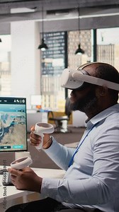 Engineer using virtual reality simulation to do clean energy production technology testing. Man wearing VR headset does R and D of cutting edge solutions in renewable energy sector, camera A