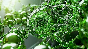 A magnifying glass is held up to a plant , magnifying the leaves and stems.