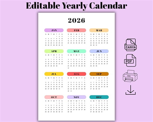 2026 Year at a Glance Calendar Printable, Pastel Minimal Year Planner, Canva Editable Year Tracker, A2 A3 A4 US Letter, Wall Calendar, PDF - Etsy UK