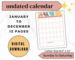 Undated Calendar January Thru December/digital Printable Calendar/monthly Undated Calendars - Etsy Canada