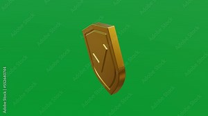 3D animation of Golden Shield with accept icon on green screen, Golden Shield with correct icon, Shield isolated on green background, Seamless loop, 4K Chroma key animation