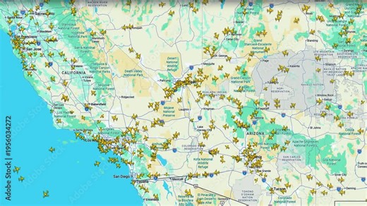 Air traffic map with airplanes over California and Arizona region, Continental visualization of aircraft positions and active airspace