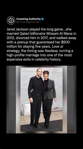 Investing Authority on Instagram: "Janet Jackson married Qatari billionaire Wissam Al Mana in 2012, divorced him in 2017, and left with a prenup guaranteeing $500 million for five years, turning her high-profile marriage into one of the most expensive exits in celebrity history. Let us know your thoughts below ⬇️ - Follow @investingauthority"