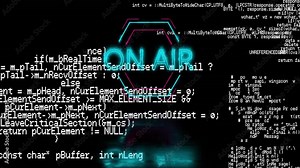 ON AIR text animation over programming code on black background