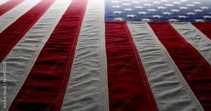 Panning across a brightly lit, red white and blue, US American flag. Background for Memorial Day, Veteran's Day, 4th of July, or other patriotic USA holiday.