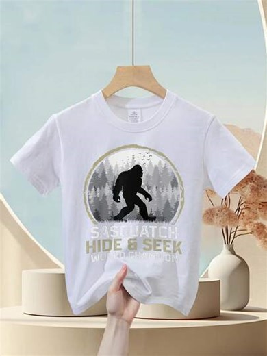 "Sasquatch Hide & Seek World Champion T-Shirt, Women's White Cotton Tee, 180g Round Neck Short Sleeve, Fun Graphic Print For Nature Lovers" | SHEIN