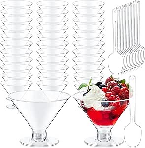 Yinkin 100 Cups and 100 Spoons Plastic Martini Glasses Disposable Cocktail Glasses Mini Martini Plastic Cups Dessert PVC Shot Unbreakable with Spoons for Weddings Party Wine Food (Clear,5 oz)