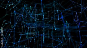 Connecting people on the internet, nodes transforming into the shape of cloud. Flight of the camera in the technological abstract space.