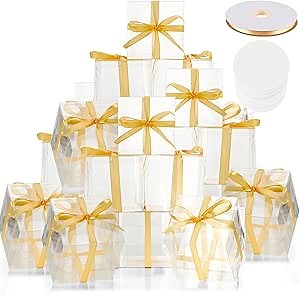 Kigley 100 Pcs Clear Gift Boxes for Favors 4x4x4 Inches Gift Boxes Boxes with Lids, Ribbon and Tags Small Clear Candy Containers for Wedding Birthday Christmas Bridal Shower Baby Shower Party Favors
