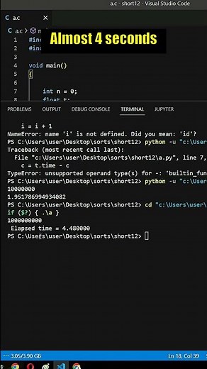 Python vs C/C++ speed test | Counting to 1 billion | #shorts #python #cpp