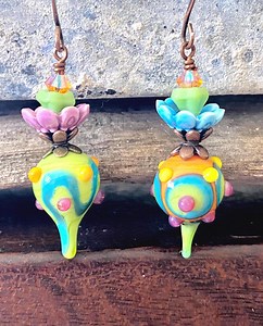 Handmade Lampwork Glass Earrings: Colorful Dotted Charms, Swarovski Crystals
