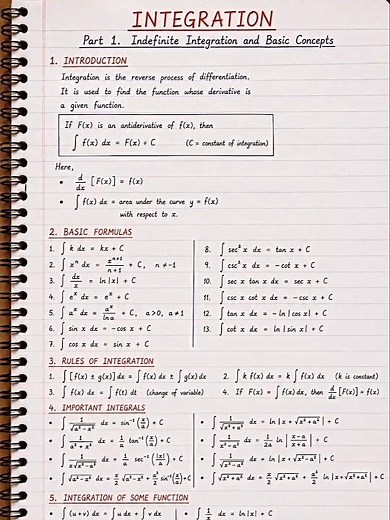📘 Integration Short Notes for Class 12 & JEE | Indefinite Integration, Formulas & Rules