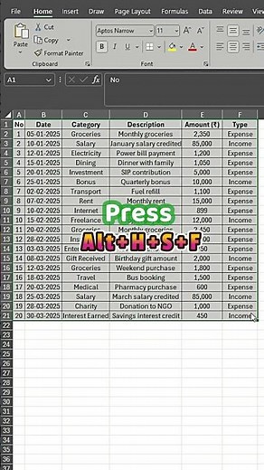Day 9: Excel Shortcut: Apply or Remove Filter Instantly | Alt + H + S + F #excel