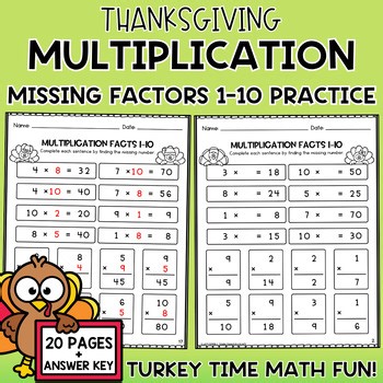 Thanksgiving Multiplication Facts 1–10 Missing Factors | Turkey Math Worksheets