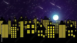 Night City Cartoon Animation Video. Cartoon Night City , City Landscape Night View With Moon Rising And Blinking Stars Moving and Shooting Stars Falling In The Sky.