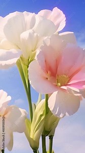 Gladioli, sword-Lilies, multicolored gladioli bloom the blue sky with sunlight shining. Close-up of gladiolus flowers. Bright gladioli bloom in summer. Large flowers and buds on a colorful sparkling b