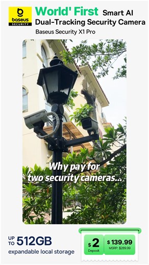 Guards two zones effortlessly with Baseus Security X1 Pro Outdoor Dual Camera – The World's First Smart Al Dual-Tracking Security Camera. ✅AI Dual-Camera 3K Surveillance ✅300° Pan Tracking ✅Auto Sun-Powered Tracking ✅IP65 Weather Resistance ✅No cloud. No subscription | Baseus | Facebook