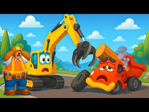 The Bear and Log Grabber Rescue Excavator Crushed by Logs | Construction Vehicles Animation