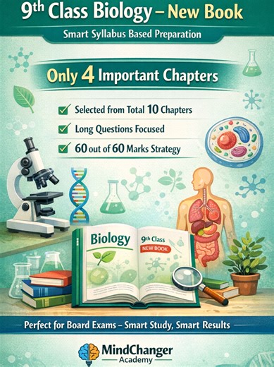 📘 9th Class Biology – New Book (Smart Syllabus Based Preparation) This video is specially designed for 9th class students who want smart and result-oriented preparation according to the new biology book. Instead of covering all chapters blindly, we focus on only 4 most important chapters selected from a total of 10, keeping board exam trends in mind. These chapters are long-question focused and explained in a clear, exam-friendly way to help students build strong concepts. This smart strategy i