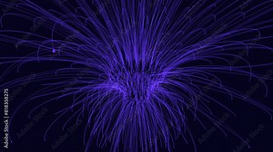 Spectacular blue and purple explosion illuminates the dark sky with dynamic lines shooting outward in a mesmerizing and chaotic display of energy