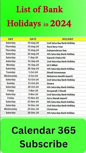 Bank Holiday 2024 📅 Calendar 365 📅