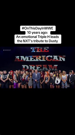 The American Dream had died aged 69, 2 weeks earlier This was the first NXT show taped since his passing An understandably moved Triple H leads the tributes from the wrestlers and coaches to the late Dusty Rhodes: “To everyone on this stage, we lost family... Dusty called everyone on this stage his ‘NXT Kids’” Next to Hunter is some of the women Rhodes had invested so much time and effort into becoming stars: Becky Lynch, Sasha Banks, Charlotte Flair, Bayley and Alexa Bliss In some of his final 