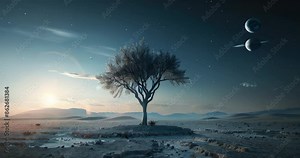 Barren landscape at twilight with lone tree holding miniature planets and hovering spacecraft, solitude and discovery