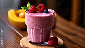 Freshly blended raspberry smoothie with a hint of blueberry and a touch of mint