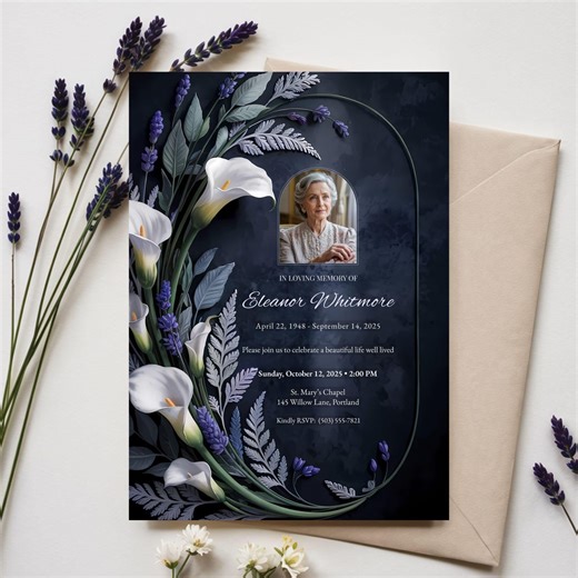 Memorial Invitation Template, Celebration of Life Card, Editable Canva Invitation With Photo, Elegant Floral Sympathy Design, Printable 5x7 - Etsy