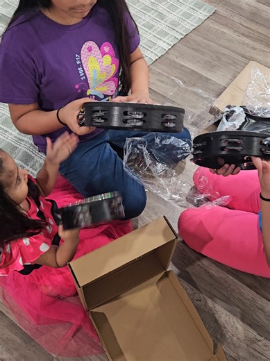 My oldest has really been wanting a tambourine for some time, and I finally ordered them some a set of 3 perfect for them 🩷 now to teach them how to play on beat and gentle LOL! #tambourine #pandero #instrument #girlmommy #fypシ