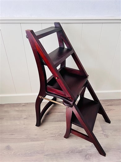 Vintage Folding Wood Library Step Stool Ladder Chair