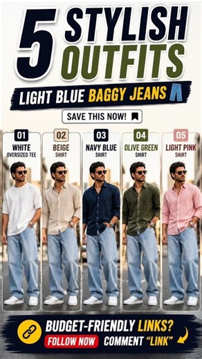 5 Best Shirt Colors With Light Blue Baggy Jeans 👖🔥#MensFashion #MensStyle #BaggyJeans #shorts #viral