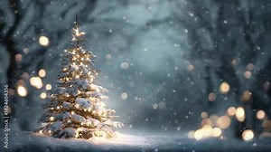 Snowy Christmas tree decorated with glowing lights stands in a peaceful winter landscape, creating a festive and cheerful scene perfect for holiday cards, seasonal backgrounds and celebration