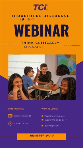 Teachers, make sure to save your spot to kick off 2026 with tools that make civil discourse doable in any social studies class. This free edWebinar will walk you through a powerful teaching strategy that helps students grapple with complex historical events, consider multiple perspectives, and thoughtfully debate the consequences of public policies. CE certificates included. Link in comments. ⤵️ | TCI